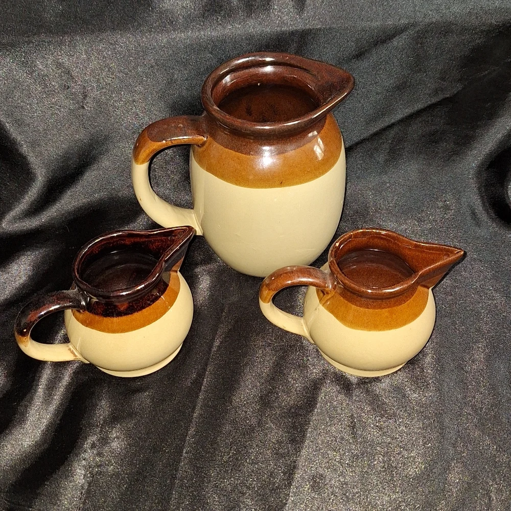 3 Pc. Vintage Glazed Ceramic Pottery~Pancake Pitcher Set~Retro Clayworks~MCM
